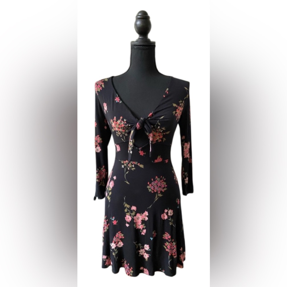 Express: Floral Black Dress with Open Front Tie